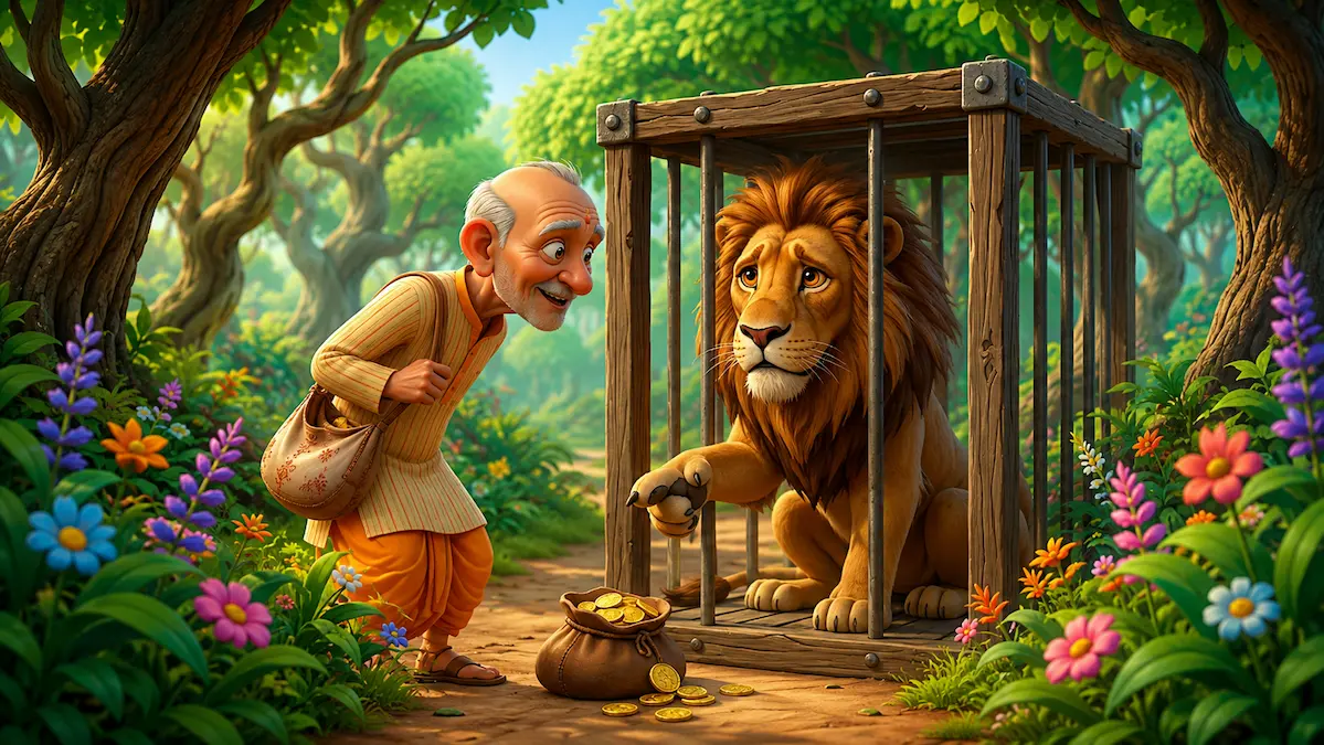 Angry lion chasing a frightened traveler after being released from a cage in the forest.