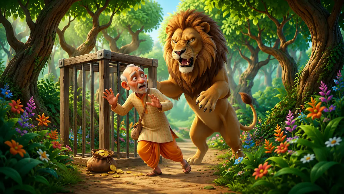 Traveler speaking to a lion inside a cage while a bag of gold coins lies on the forest path.