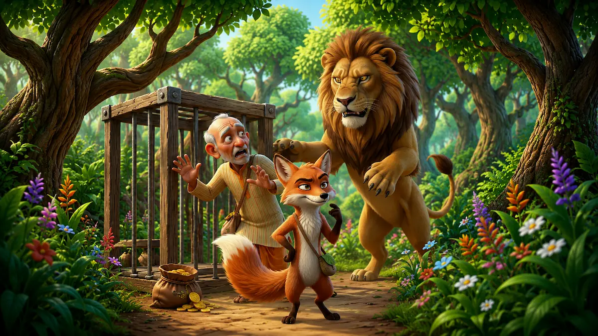 A clever fox stands confidently in a forest while a frightened elderly man and an angry lion stand beside a wooden cage and a bag of gold coins.