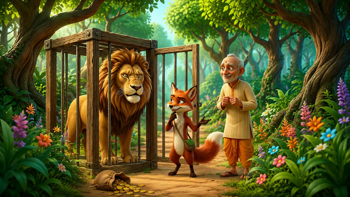 A lion stands inside a wooden cage while a fox and an elderly man watch from outside in a forest clearing.