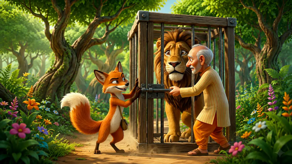 An old man and a fox close and lock a wooden cage while a surprised lion remains trapped inside