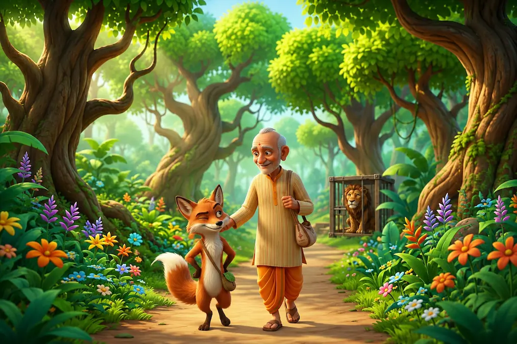 An elderly man and a smiling fox walk through a forest path while a lion remains trapped in a cage in the distance.