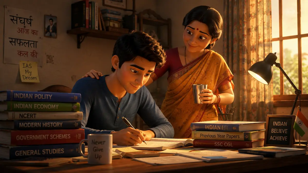 The Support That Kept Him Going Aman studies at his desk while his mother stands beside him with a warm smile and a cup of tea.
