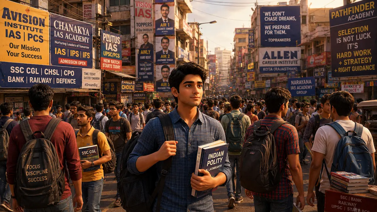 Aman’s IAS Dream Begins Young Indian student Aman stands in a crowded coaching hub street carrying books and a backpack, surrounded by IAS and competitive exam institute advertisements.