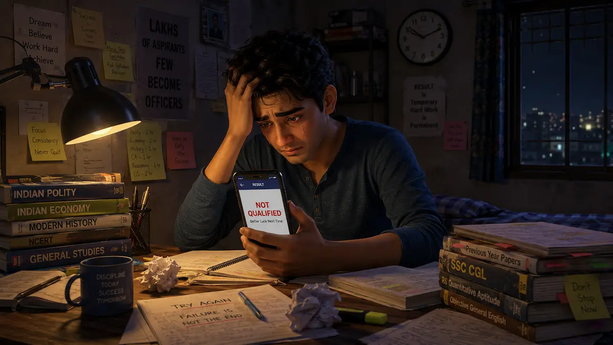 When the Result Shattered His Dream Aman sits alone at his study desk at night, holding a phone displaying “Not Qualified,” with tears in his eyes.
