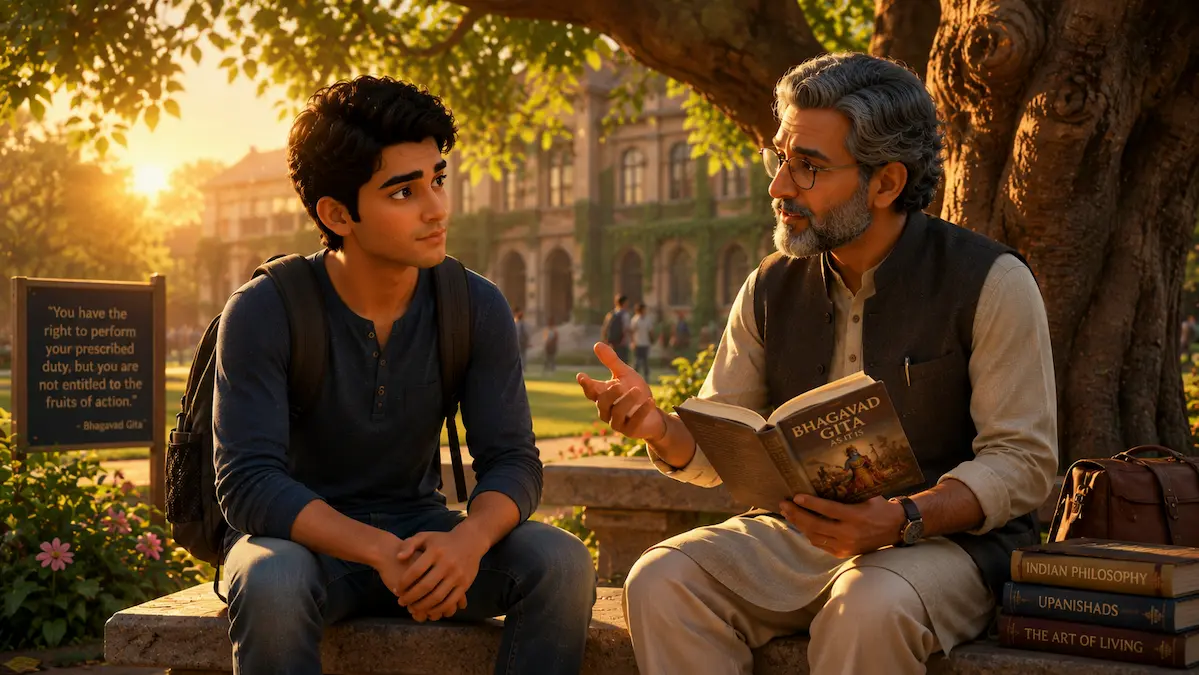A Mentor’s Life-Changing Advice Aman listens carefully as an elderly mentor sits beside him under a large tree, holding a book and sharing wisdom.