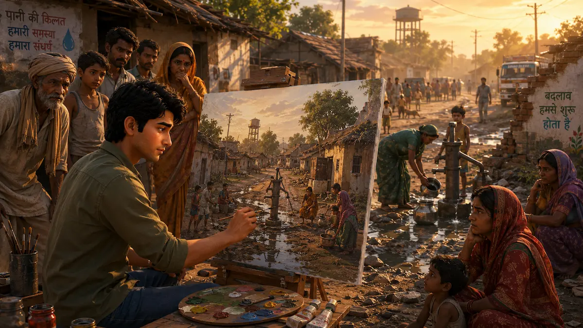 Turning Pain Into Purpose Aman paints a realistic village scene while local residents watch with curiosity and hope.