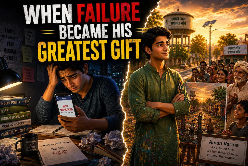 Split-screen thumbnail showing Aman devastated after exam failure on one side and confidently inspiring a community through his artwork on the other.