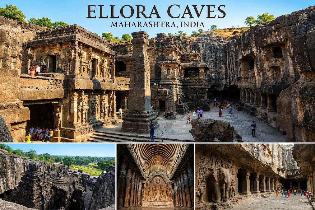Collage of the Ellora Caves in Maharashtra, India, featuring the magnificent Kailasa Temple, ancient rock-cut Buddhist halls, intricate carvings, and monolithic architecture.