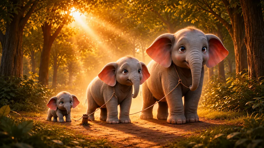 A side-by-side progression image showing an elephant at three stages of life—infant, adolescent, and full-grown—all standing on a forest path and held back by the exact same small rope and wooden stake.