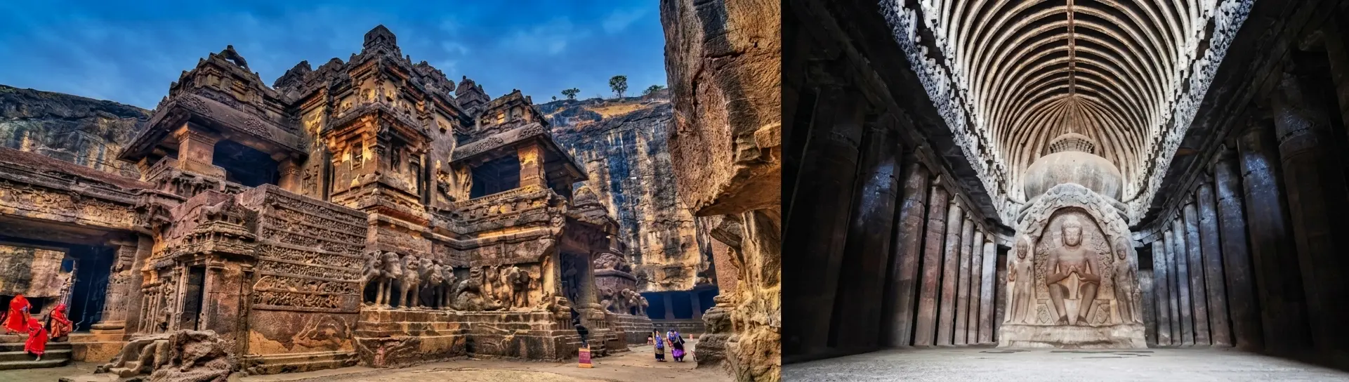 Kailasa Temple and Ancient Cave Architecture at Ellora Panoramic view of the Kailasa Temple and a rock-cut Buddhist cave at Ellora Caves, showcasing intricate stone carvings, ancient architecture, and remarkable craftsmanship in Maharashtra, India.