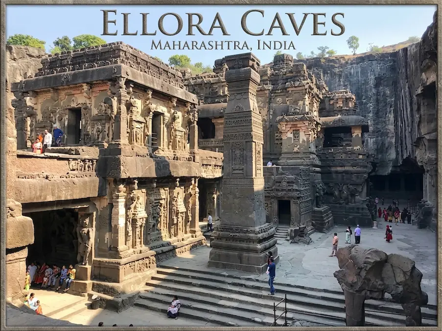 Kailasa Temple at Ellora Caves, Maharashtra Front view of the Kailasa Temple at Ellora Caves, an extraordinary monolithic rock-cut Shiva temple carved from a single massive rock in Maharashtra, India.