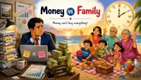 Children and their family waiting happily for their busy father while he works, illustrating the importance of spending time with loved ones.