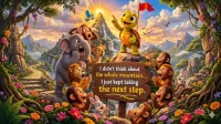 A smiling cartoon turtle points to a sunlit mountain peak from a wooden signpost that reads, "I didn't think about the whole mountain... I just kept taking the next step," surrounded by cheering jungle animals.