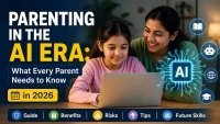 Mother and daughter using a laptop with AI technology graphics, illustrating modern parenting and children's learning in the age of artificial intelligence.