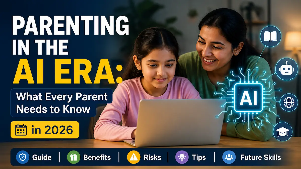 Mother and daughter using a laptop with AI technology graphics, illustrating modern parenting and children's learning in the age of artificial intelligence.