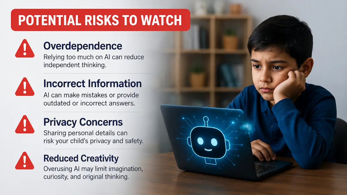 Potential Risks of AI for Children: What Every Parent Should Know Young boy looking concerned while using a laptop with AI technology illustration, highlighting potential risks of artificial intelligence for children including overdependence, misinformation, privacy concerns, and reduced creativity.