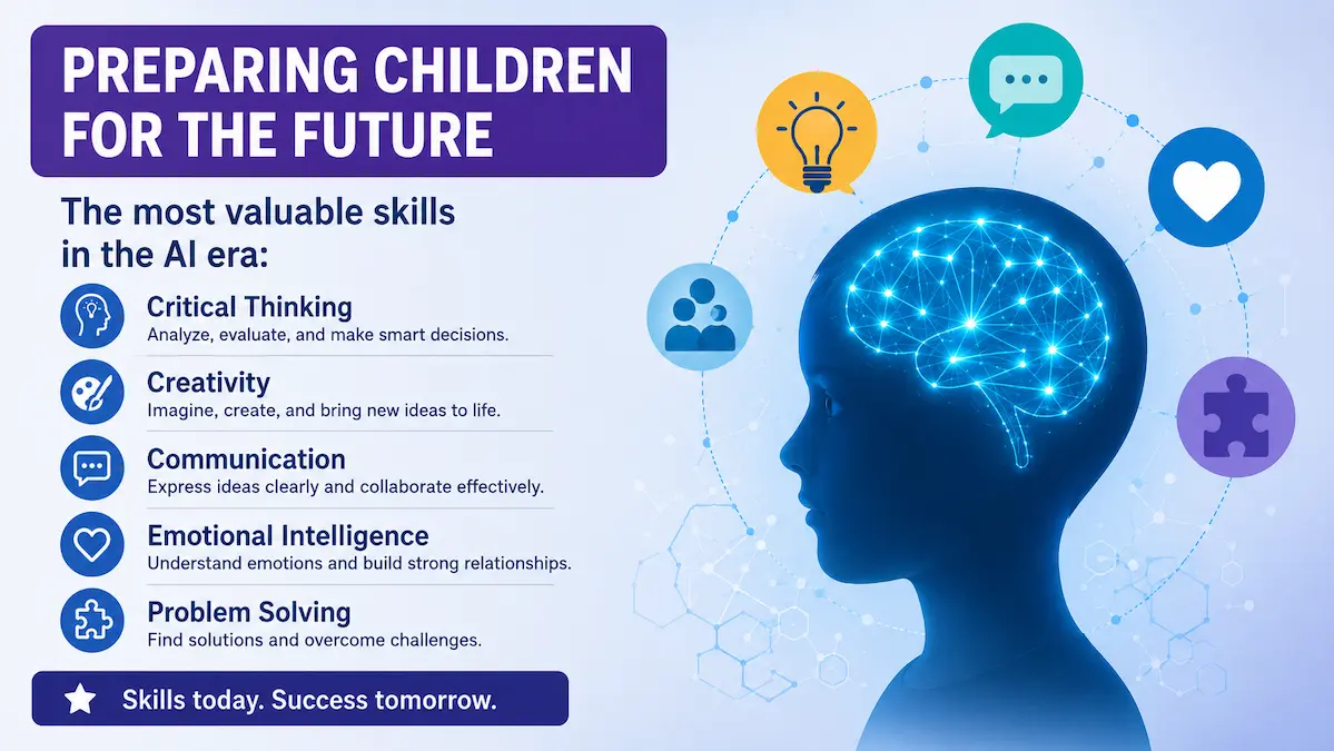 Preparing Children for the Future: Essential Skills for the AI Era An infographic titled "Preparing Children for the Future" highlighting the most valuable skills in the AI era. It features a silhouette of a child's head with a glowing, interconnected digital brain network, surrounded by icons for key future-proof skills.