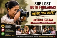 Rusidah Badawi, an inspirational photographer without forearms, using a camera and proving that determination can overcome any obstacle.