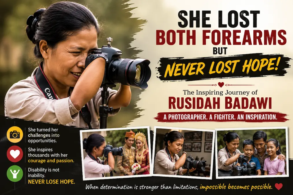 Rusidah Badawi, an inspirational photographer without forearms, using a camera and proving that determination can overcome any obstacle.