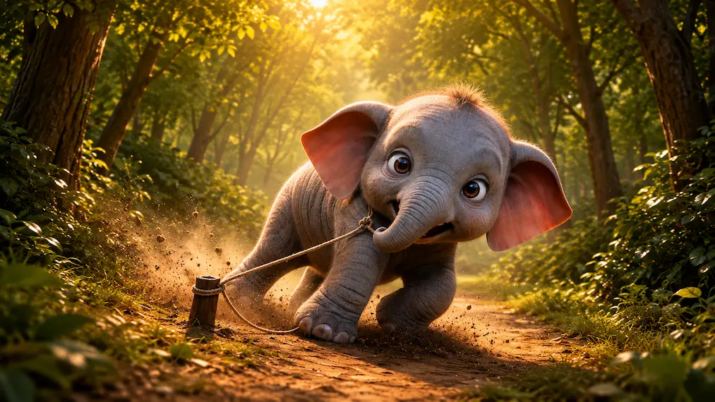 A determined baby elephant straining forward on a dirt path in a sunlit forest, pulling hard against a thin rope tied to a wooden stake as dust and dirt kick up around it.