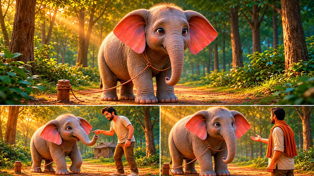 A three-panel story image showing a young elephant tied to a small wooden post in a sunny forest, a man pointing toward its potential to break free, and the elephant realizing its strength alongside its guide.