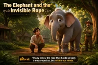 An animated illustration of a giant elephant tied to a small wooden stake by a thin rope, with a curious young man crouching and a smiling trainer looking on.