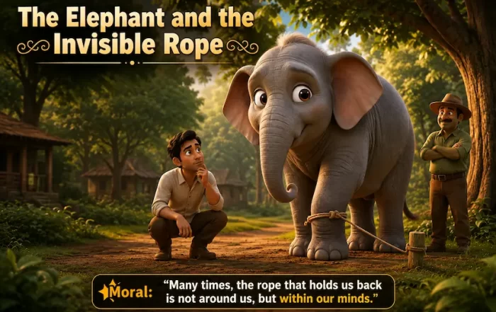An animated illustration of a giant elephant tied to a small wooden stake by a thin rope, with a curious young man crouching and a smiling trainer looking on.