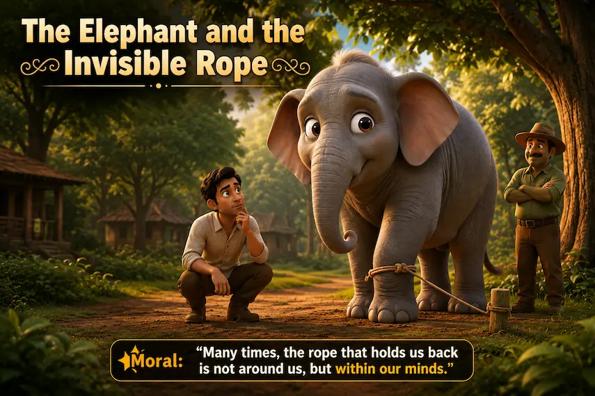 An animated illustration of a giant elephant tied to a small wooden stake by a thin rope, with a curious young man crouching and a smiling trainer looking on.