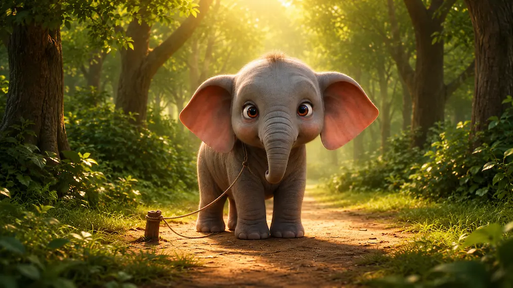 A young, animated elephant standing on a dirt trail in a bright, sunlit forest, tied to a small wooden stake by a thin, flimsy rope.