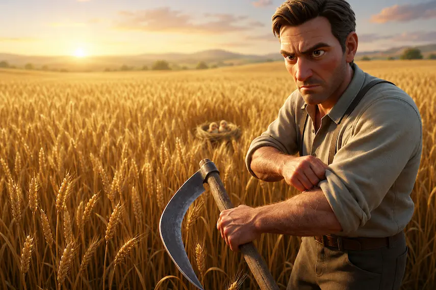 The Farmer Arrives to Harvest the Wheat Field A vast golden wheat field at sunrise with a distant silhouette of a farmer holding a long scythe, walking along a narrow dirt path running straight through the center of the crops.