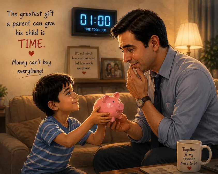 Young boy Nick offers his piggy bank to his emotional father in a touching moment about the value of spending time with family over earning money.
