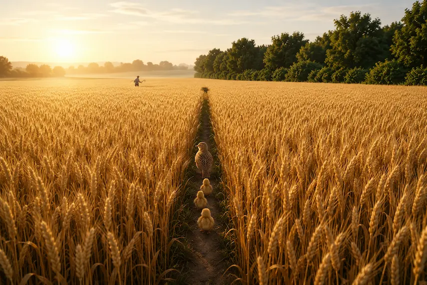 The Lark Family Prepares to Move to Safety A high-angle shot looking down a narrow dirt trail cutting through a vast golden wheat field, showing a mother lark leading a straight line of fluffy yellow chicks marching away from an empty nest.