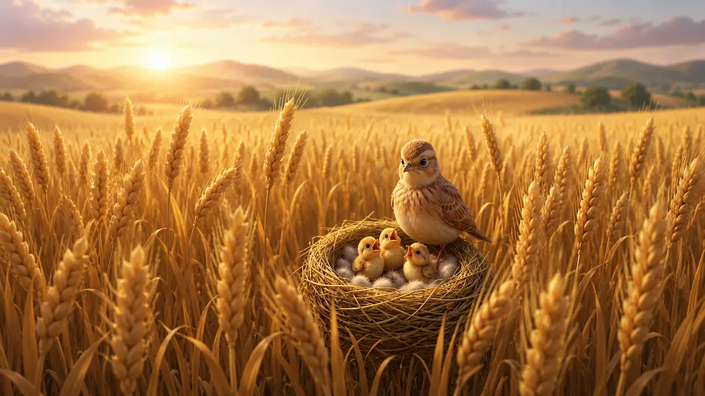 The Lesson of the Lark – A Moral Story About Self-Reliance A beautiful mother lark bird standing on the edge of a woven straw nest nestled deep within a bright, golden wheat field, looking down affectionately at her three tiny, chirping chicks.