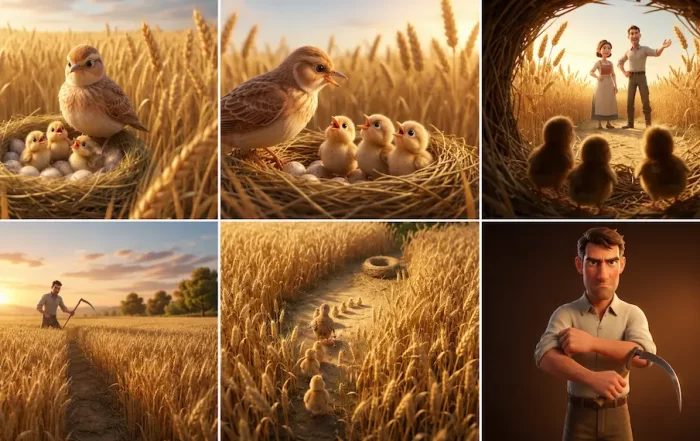 A six-panel storyboards sequence illustrating a mother lark and her chicks in a wheat field, a farmer talking with neighbors, the chicks panicking, and the family eventually escaping down a path as the farmer decides to harvest the field alone.
