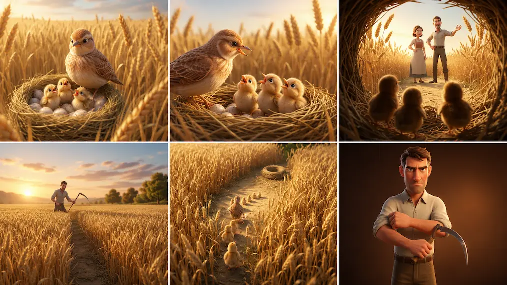 A six-panel storyboards sequence illustrating a mother lark and her chicks in a wheat field, a farmer talking with neighbors, the chicks panicking, and the family eventually escaping down a path as the farmer decides to harvest the field alone.