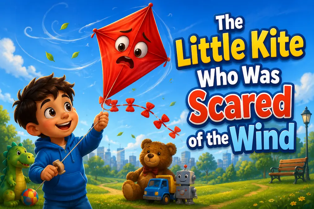 A cheerful boy flies a red kite while toy friends watch in a colorful children's storybook scene about courage and overcoming fear.