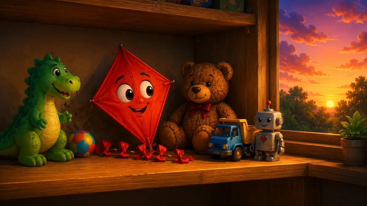 The Little Kite’s Big Fear A happy red kite rests on a toy shelf at sunset after learning to overcome his fear.