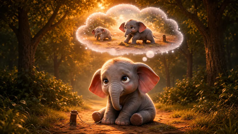 An animated baby elephant sitting on a forest path tied to a small stake, looking sadly upward at a glowing thought bubble showing its past memory of being trapped by a rope.