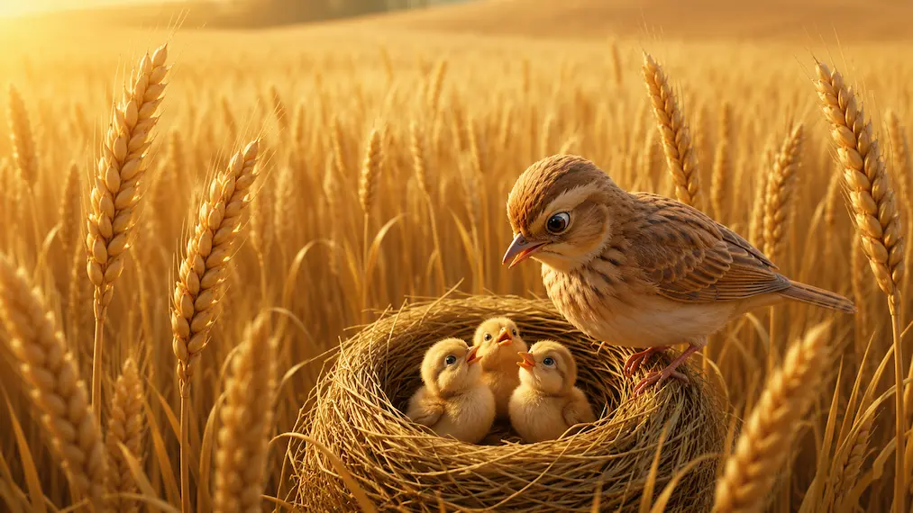 The Wise Lark Understands What Will Happen Next A mother lark standing elegantly on a nest of three young chicks, looking out over a golden field with an intelligent, knowing expression as light filters softly through the wheat.