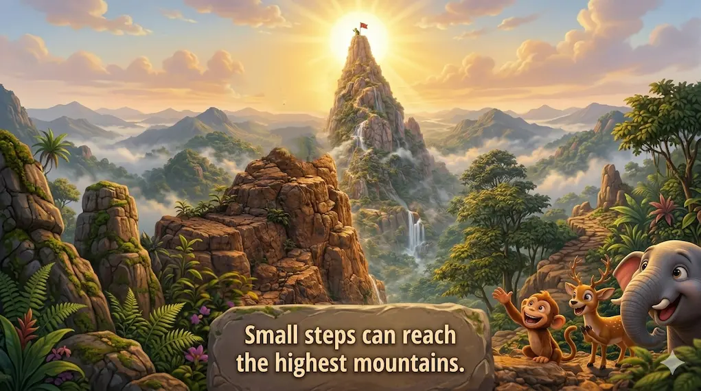 A distant view of a towering mountain peak illuminated by the sun with a tiny figure at the top, featuring an engraved stone in the foreground that reads, "Small steps can reach the highest mountains."
