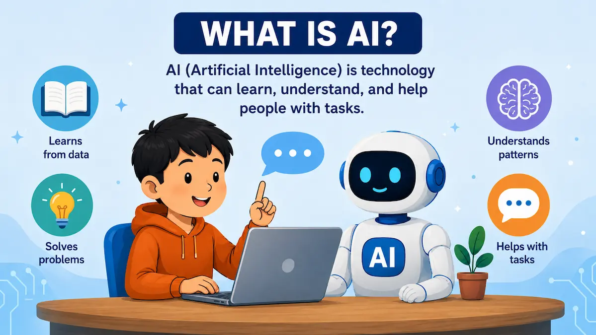 What Is Artificial Intelligence? A Simple Guide for Kids and Parents Child learning about artificial intelligence with a friendly AI robot on a laptop, explaining how AI learns from data, understands patterns, solves problems, and helps with tasks.