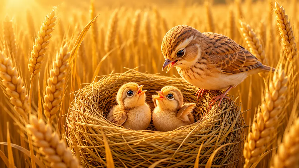 Young Chicks Secretly Listen to the Farmer’s Plans Looking out from the dark, circular interior of a woven nest, three small chicks watch the distant silhouettes of a farmer and his wife talking in a bright wheat field.