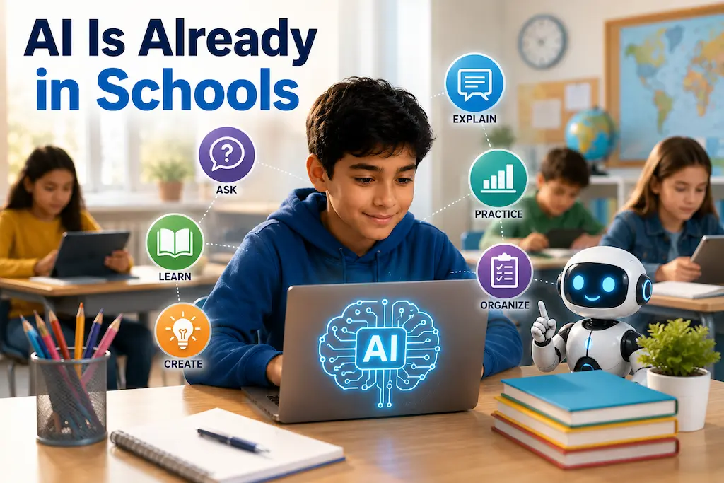 AI Is Already in Schools: How Students Are Using Artificial Intelligence Students using laptops and AI-powered learning tools in a classroom with a teacher guiding digital education.