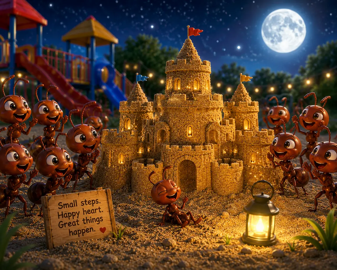 Pip the ant resting happily beside a glowing sandcastle under the moonlight while other ants celebrate.