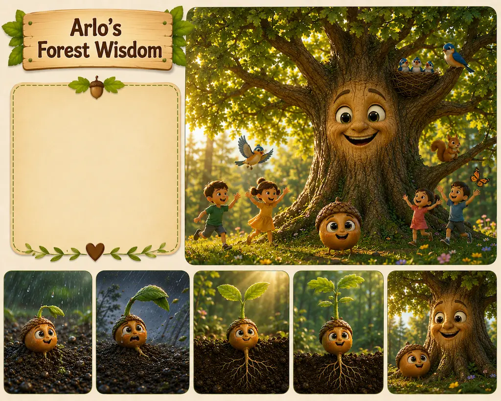 Arlo’s Forest Wisdom Strong young oak tree Arlo surrounded by happy children and woodland animals