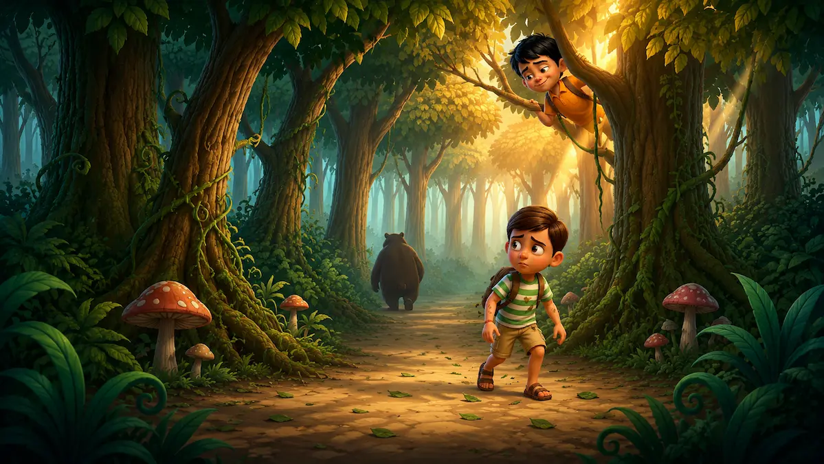 A large brown bear walks away into a sunny forest clearing while one boy watches cautiously from a tree and the other boy slowly gets up from the path.
