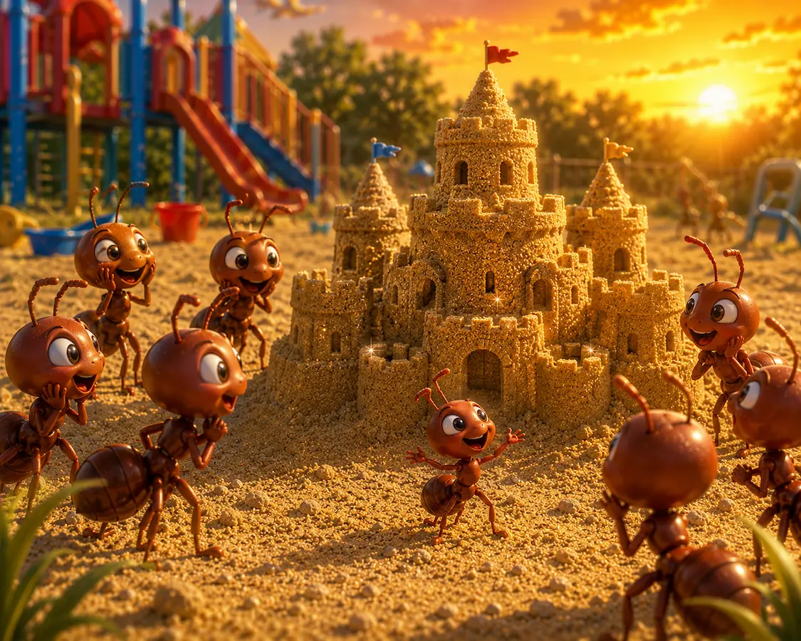 Ants gather around a magnificent sandcastle at sunset, amazed by what Pip accomplished.