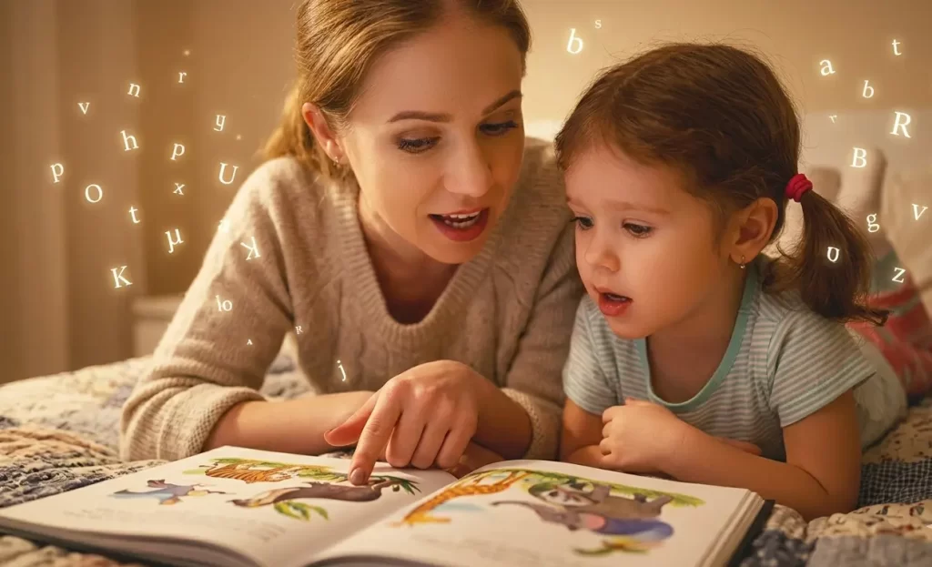 bedtime-reading-boosts-early-literacy-language-skills Mother reading a picture book with her young daughter at bedtime while glowing letters float around them, symbolizing language development, literacy, and learning through storytelling.