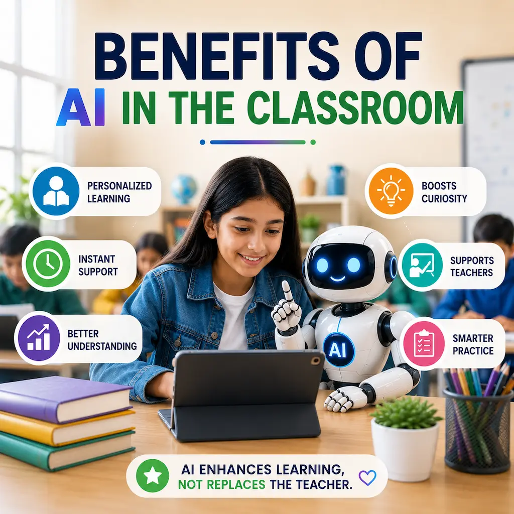 Benefits of AI in the Classroom for Students and Teachers Happy students learning with AI technology, showing personalized learning, creativity, collaboration, and classroom engagement.
